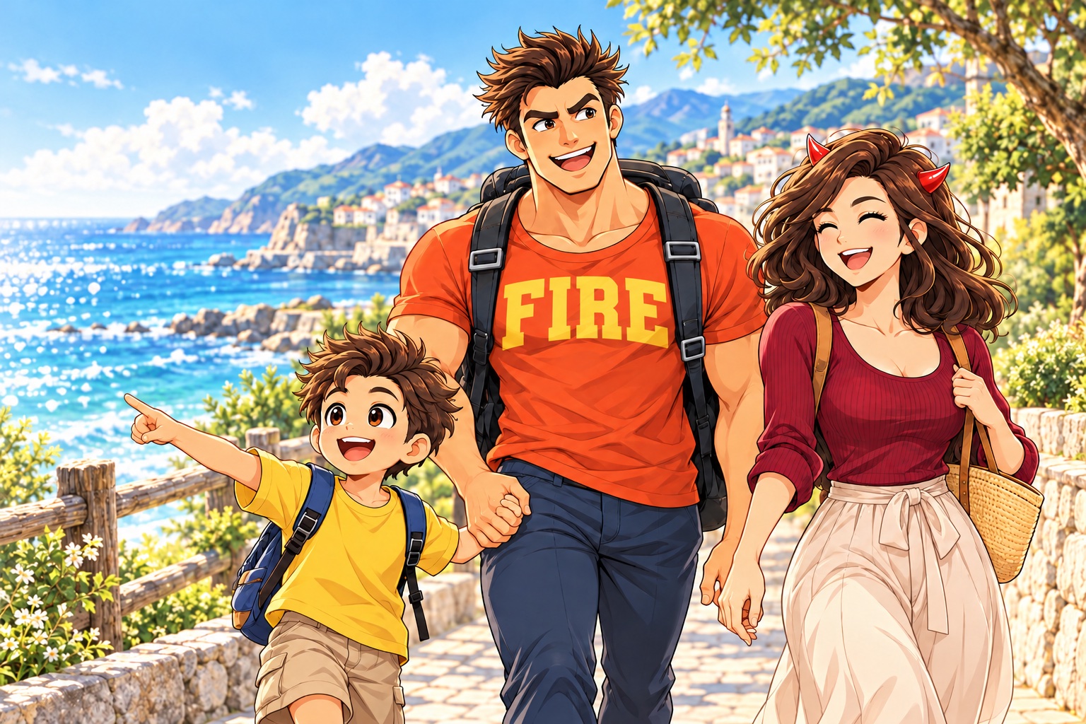FIREのTシャツを着たりょんすと家族が海辺を歩くアニメイラスト